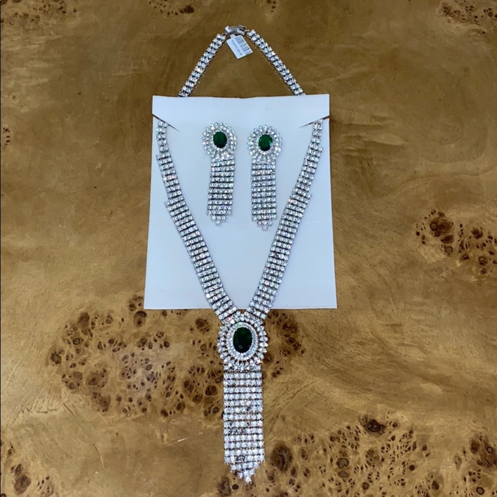 Green Emerald Sapphire Silver Necklace & Earrings